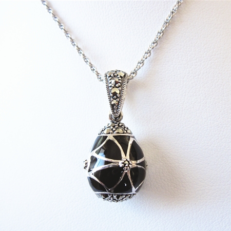 Black Enamel 'Faberge Egg' Pendant with Marcasite - Click Image to Close